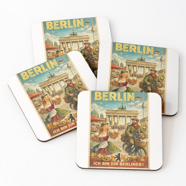 Item preview, Berlin Germany Retro Poster with Brandenburg Gate and Beer designed and sold by Places On Earth.