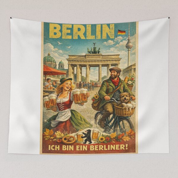Item preview, Berlin Germany Retro Poster with Brandenburg Gate and Beer designed and sold by Places On Earth.