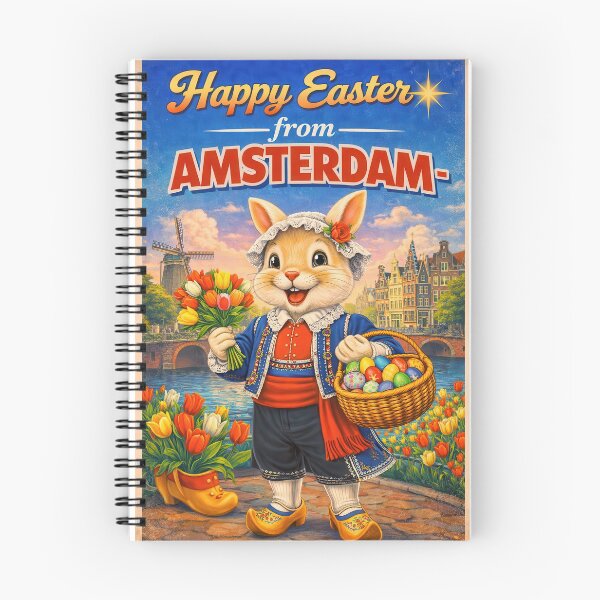 Item preview, Happy Easter from Amsterdam – Retro Easter card with Easter bunny and tulips designed and sold by Earth Celebration Designs.