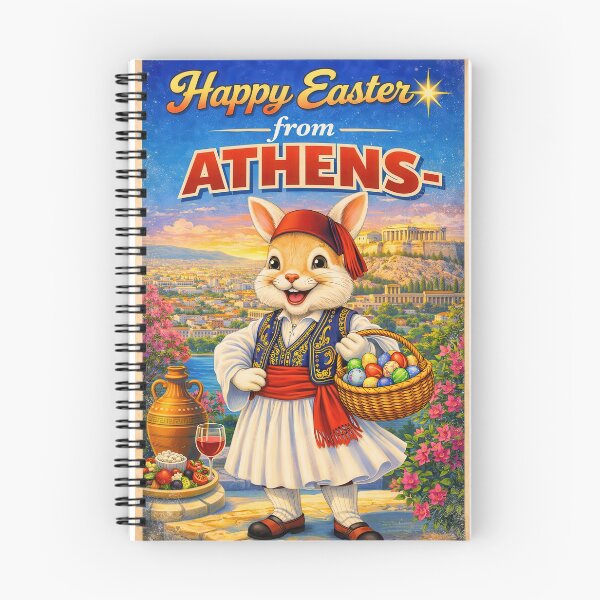 Item preview, Happy Easter from Athens – Retro Easter card with Easter bunny and Acropolis designed and sold by Earth Celebration Designs.