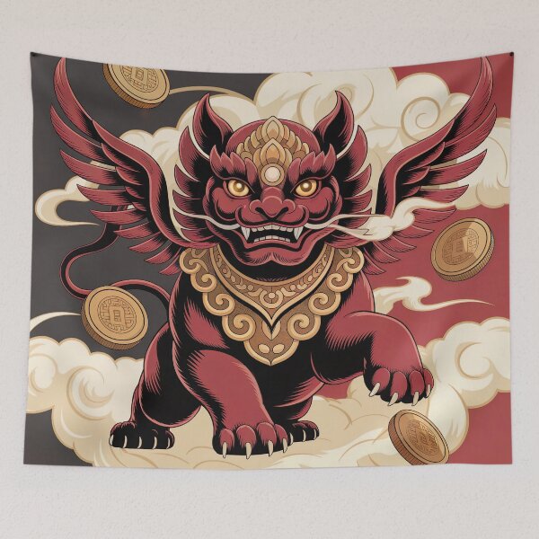 Item preview, Chinese Pixiu Mythical Guardian – Red Gold Feng Shui Fortune Beast Illustration designed and sold by Tamas Das.