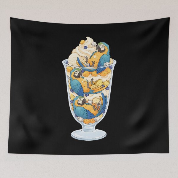 Item preview, Funny Blue and Gold Macaw Parrots in Ice Cream Dessert designed and sold by DoodleTortle.
