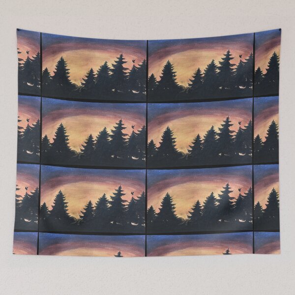 Item preview, Acrylic painting of tree silhouettes and birds in the first morning light designed and sold by creaphyl28.