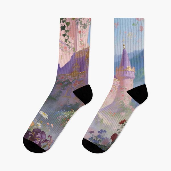 Item preview, Romantic Castle in Blooming Forest, Dreamy Mountain Landscape Artwork designed and sold by BlareBlare.