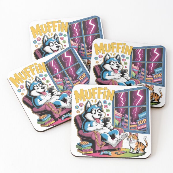Item preview, Muffin Husky Scrolling Phone While Chaos Outside – Funny Lazy Dog Cartoon designed and sold by Dospart.