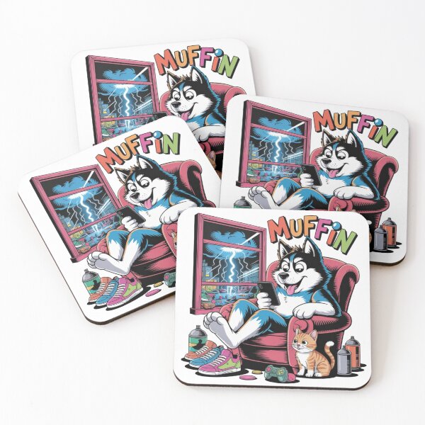 Item preview, Muffin Husky Scrolling Phone While Chaos Outside – Funny Lazy Dog Cartoon designed and sold by Dospart.