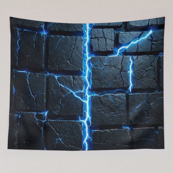 Item preview, Electric Blue Lightning Stone Wall – Cracked Rock Blocks Sci-Fi Texture designed and sold by Kaleidoscope Print.
