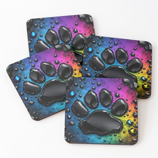 Item preview, Rainbow Paw Print – Glossy Black Pet Footprint on Neon Color Splash designed and sold by Kaleidoscope Print.