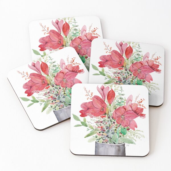 Item preview, red amaryllis bouquet in black vase watercolour  designed and sold by ColorandColor.