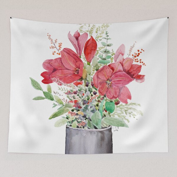 Item preview, red amaryllis bouquet in black vase watercolour  designed and sold by SelenePaintings .
