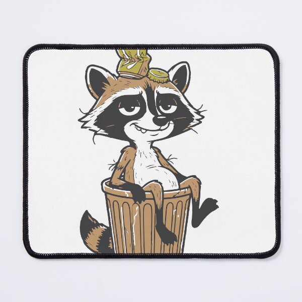 Item preview, A mischievous cartoon raccoon lounges in a metal trash can with a crushed soda can and bottle cap on its head, conveying a playful, cheeky, slightly grubby character designed and sold by Dejbar.