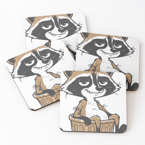 Item preview, A mischievous cartoon raccoon lounges in a metal trash can with a crushed soda can and bottle cap on its head, conveying a playful, cheeky, slightly grubby character  designed and sold by Dejbar.