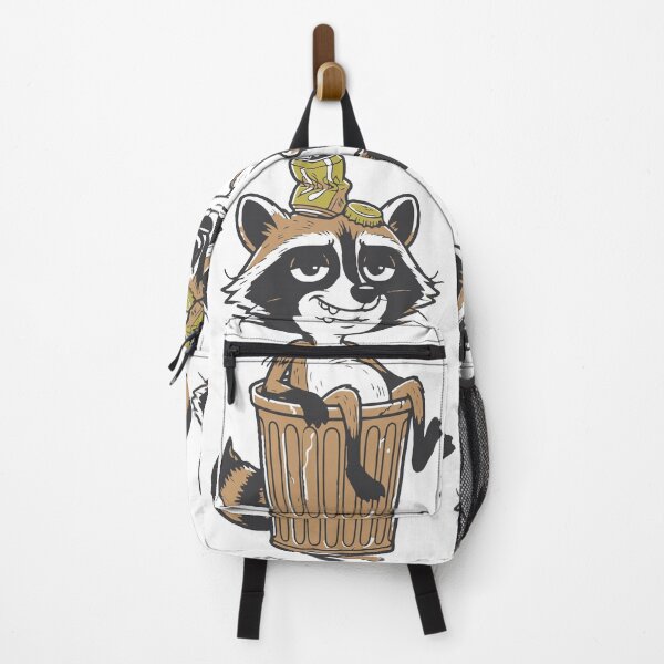 Item preview, A mischievous cartoon raccoon lounges in a metal trash can with a crushed soda can and bottle cap on its head, conveying a playful, cheeky, slightly grubby character designed and sold by Dejbar.