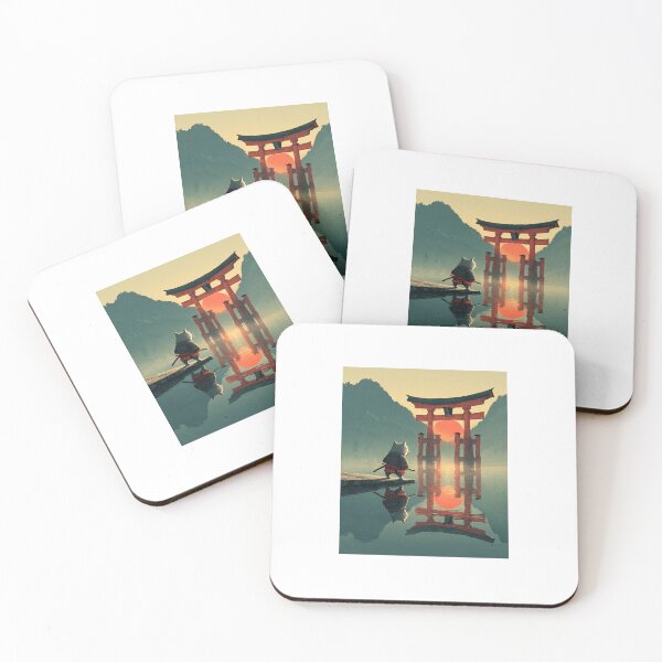 Item preview, Samurai Cat at Floating Torii Gate - Japanese Shrine Ukiyo-e Neko Art designed and sold by De Aqui y de Alla Studio.