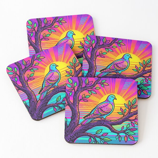 Item preview, Colorful Psychedelic Pigeon on Tree Branch – Neon Retro Bird Illustration designed and sold by Dogandesighn.