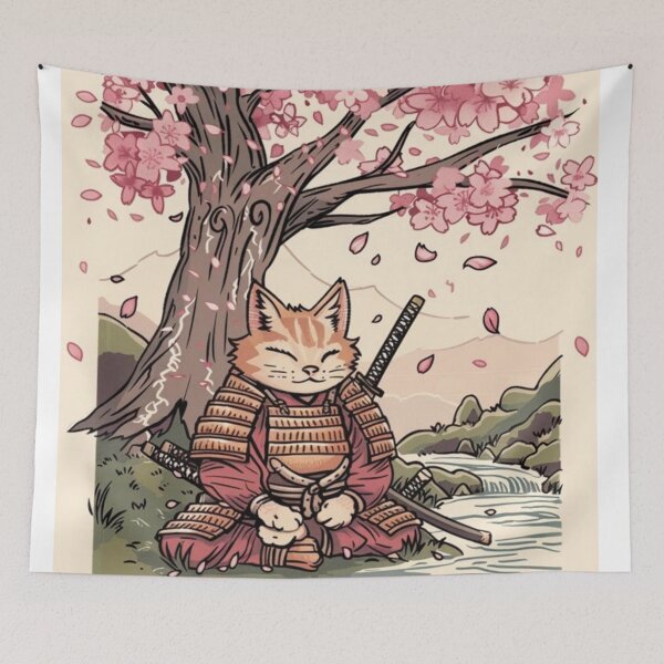 Item preview, Samurai Cat Under Cherry Blossoms - Sakura Japanese Ukiyo-e Neko Art designed and sold by De Aqui y de Alla Studio.