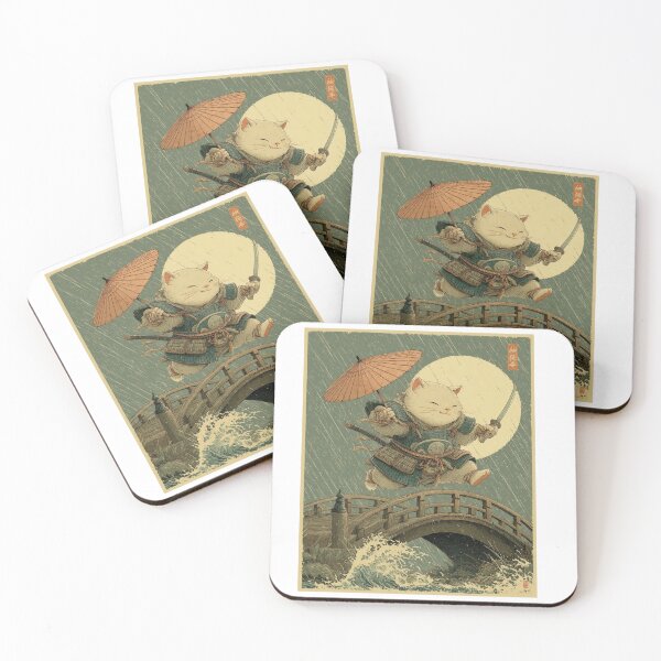Item preview, Samurai Cat on Bridge in the Rain - Hiroshige Inspired Japanese Ukiyo-e Neko Art designed and sold by De Aqui y de Alla Studio.