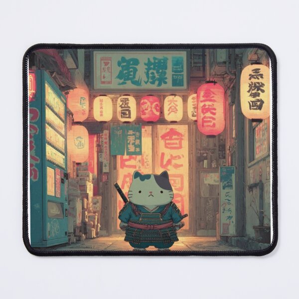 Item preview, Samurai Cat in Neon Tokyo Alley - Cyberpunk Japanese Ukiyo-e Neko Art designed and sold by De Aqui y de Alla Studio.