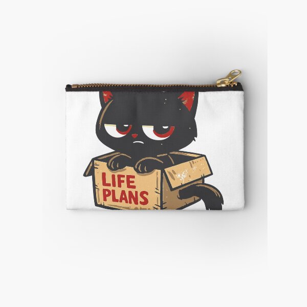 Item preview, Grumpy black cat peering from a worn cardboard box labeled “Life Plans,” evoking sarcasm, disappointment, and dark humor. Distressed retro sticker-style illustration  designed and sold by Dejbar.
