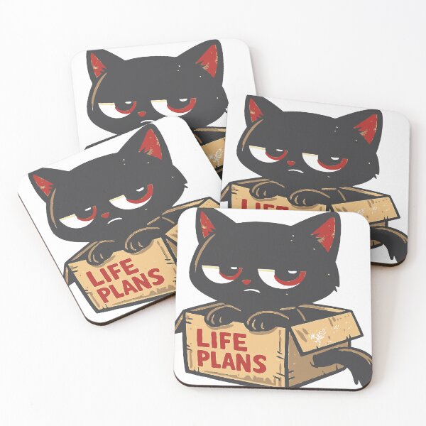 Item preview, Grumpy black cat peering from a worn cardboard box labeled “Life Plans,” evoking sarcasm, disappointment, and dark humor. Distressed retro sticker-style illustration  designed and sold by Dejbar.