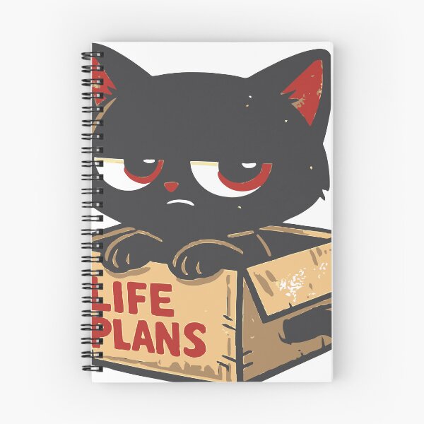 Item preview, Grumpy black cat peering from a worn cardboard box labeled “Life Plans,” evoking sarcasm, disappointment, and dark humor. Distressed retro sticker-style illustration  designed and sold by Dejbar.