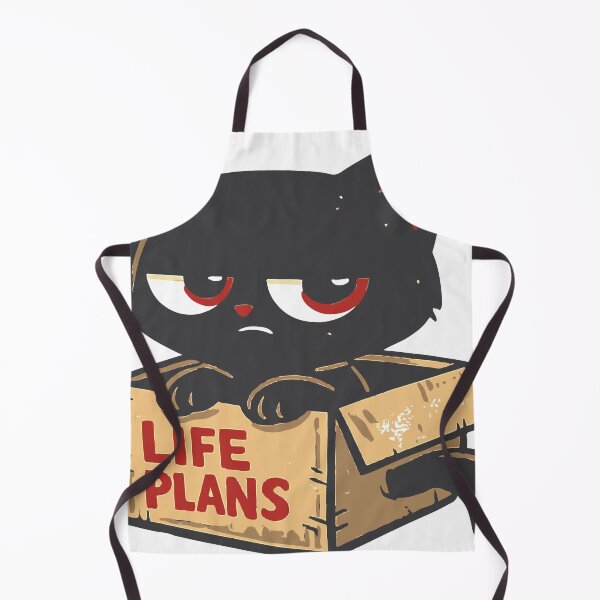 Item preview, Grumpy black cat peering from a worn cardboard box labeled “Life Plans,” evoking sarcasm, disappointment, and dark humor. Distressed retro sticker-style illustration designed and sold by Dejbar.