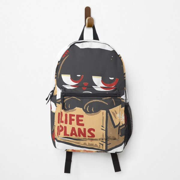 Item preview, Grumpy black cat peering from a worn cardboard box labeled “Life Plans,” evoking sarcasm, disappointment, and dark humor. Distressed retro sticker-style illustration designed and sold by Dejbar.