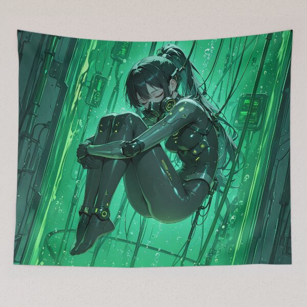 Item preview, RIFT Android Waifu Floating Inside Neon Green Capsule designed and sold by BorgSpareParts.