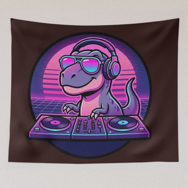 Item preview, Сool Retro DJ T Rex with sunglasses Synthwave Sunset designed and sold by crazygoose30.