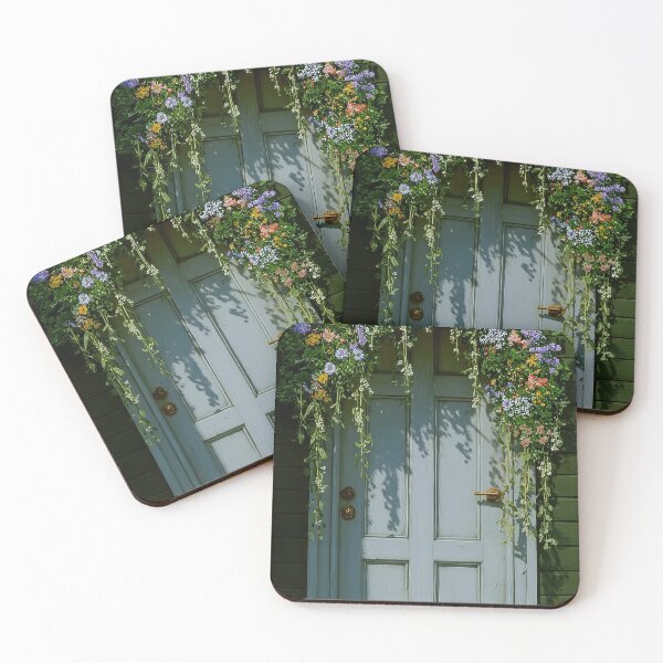 Item preview, Green wooden door adorned with colorful flowers and greenery, leading to a charming entrance designed and sold by Stellar Geometry.