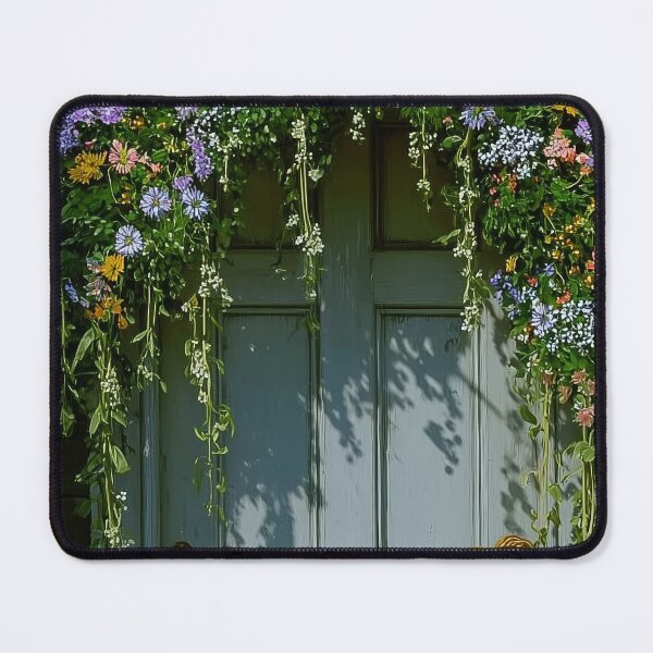 Item preview, Green wooden door adorned with colorful flowers and greenery, leading to a charming entrance designed and sold by Stellar Geometry.