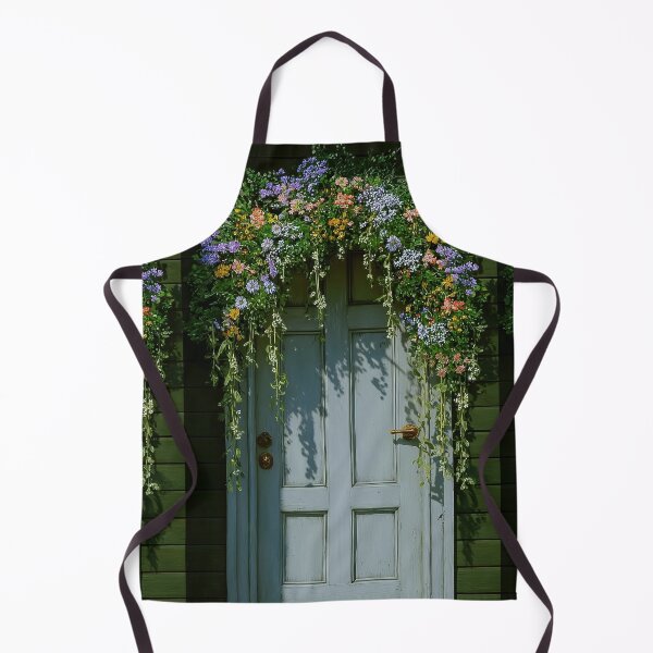 Item preview, Green wooden door adorned with colorful flowers and greenery, leading to a charming entrance designed and sold by Stellar Geometry.