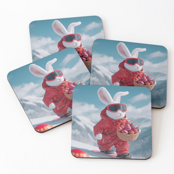 Item preview, Rabbit in red ski outfit snowboards down slope carrying basket of strawberries in winter landscape designed and sold by Stellar Geometry.