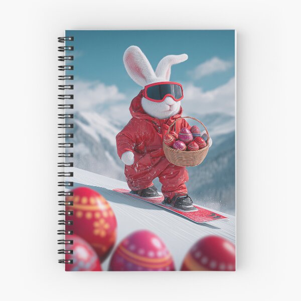 Item preview, Rabbit in red ski outfit snowboards down slope carrying basket of strawberries in winter landscape designed and sold by Stellar Geometry.