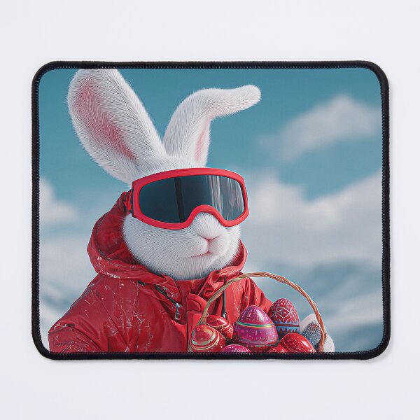 Item preview, Rabbit in red ski outfit snowboards down slope carrying basket of strawberries in winter landscape designed and sold by Stellar Geometry.