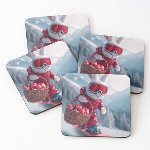Item preview,  Rabbit in red ski outfit snowboards down slope carrying basket of strawberries in winter landscape designed and sold by Stellar Geometry.