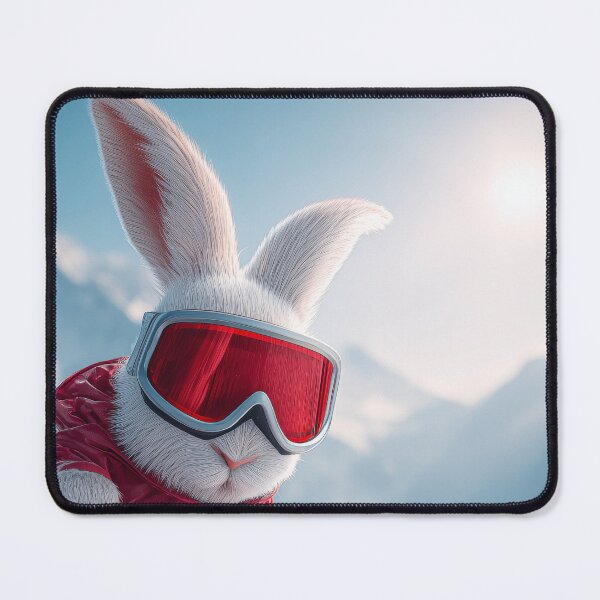 Item preview, Rabbit in red ski outfit snowboards down slope carrying basket of strawberries in winter landscape designed and sold by Stellar Geometry.