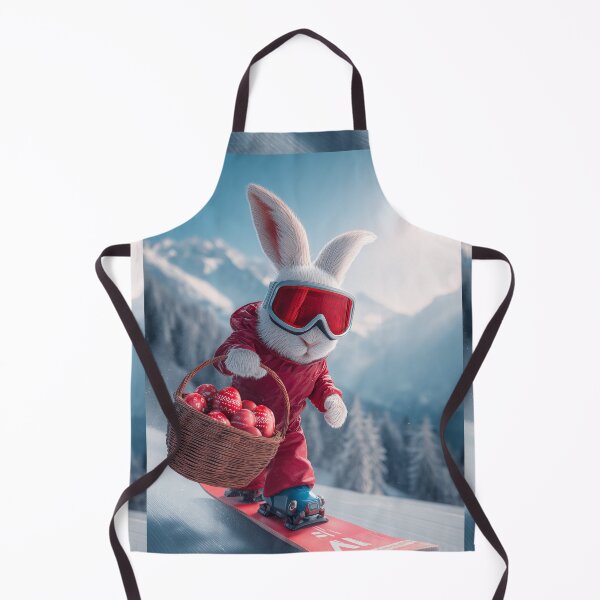 Item preview, Rabbit in red ski outfit snowboards down slope carrying basket of strawberries in winter landscape designed and sold by Stellar Geometry.