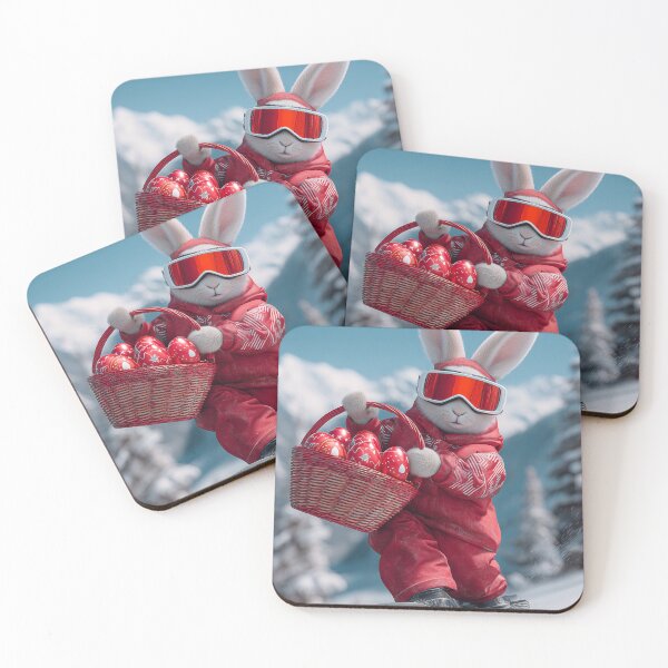 Item preview, Rabbit in red ski outfit snowboards down slope carrying basket of strawberries in winter landscape designed and sold by Stellar Geometry.