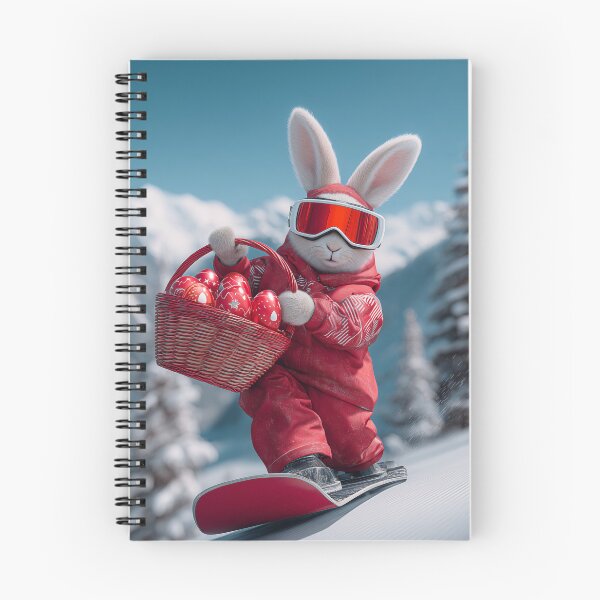 Item preview, Rabbit in red ski outfit snowboards down slope carrying basket of strawberries in winter landscape designed and sold by Stellar Geometry.