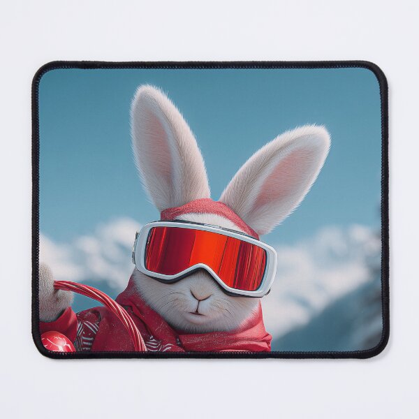 Item preview, Rabbit in red ski outfit snowboards down slope carrying basket of strawberries in winter landscape designed and sold by Stellar Geometry.