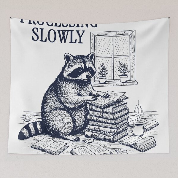 Item preview, Processing Slowly – Vintage Raccoon Reading Books Illustration designed and sold by TeeVerse27.
