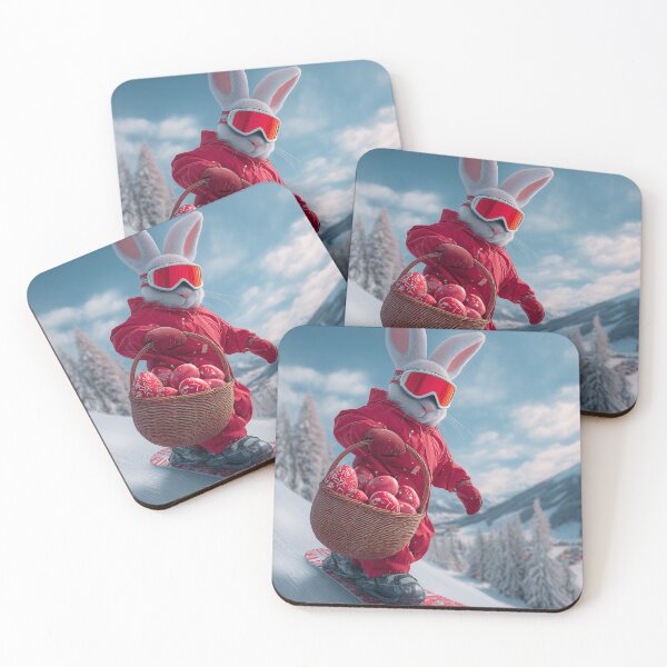 Item preview, Rabbit in red ski outfit snowboards down slope carrying basket of strawberries in winter landscape designed and sold by Stellar Geometry.
