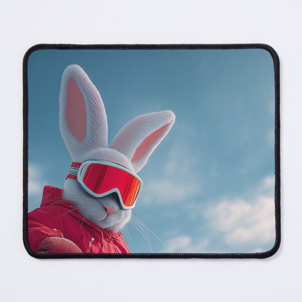 Item preview, Rabbit in red ski outfit snowboards down slope carrying basket of strawberries in winter landscape designed and sold by Stellar Geometry.