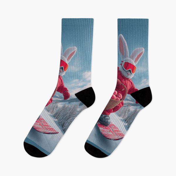 Item preview, Rabbit in red ski outfit snowboards down slope carrying basket of strawberries in winter landscape designed and sold by Stellar Geometry.
