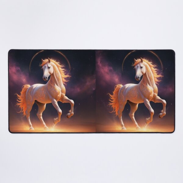 Item preview, A Radiant White Horse With Golden Mane Galloping Through A Cosmic Nebula designed and sold by Dreamy Armine Art.