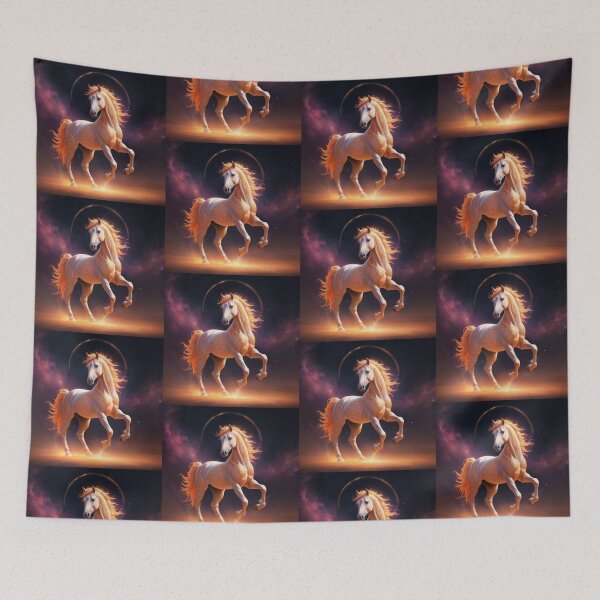Item preview, A Radiant White Horse With Golden Mane Galloping Through A Cosmic Nebula designed and sold by Dreamy Armine Art.