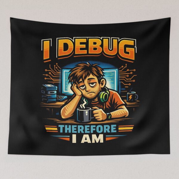 Item preview, I Debug Therefore I Am Tired Programmer Quote for Tech Humor and Coding designed and sold by SplashTastic.