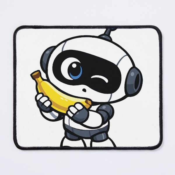 Item preview, A curious robot trying to understand a banana as if it were alien technology. The concept blends simple humor with a cute robotic character. designed and sold by Dejbar.