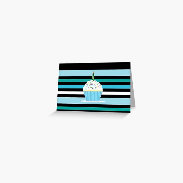 Blue Birthday Cupcake with Stripes Greeting Card